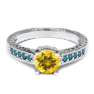 0.87 Ct Round Yellow Citrine Blue Diamond 925 Sterling Silver Engagement Ring Jewelry