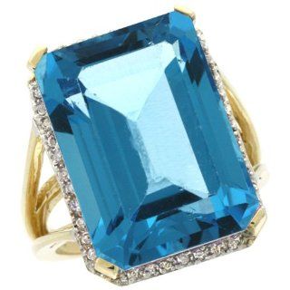 10k Yellow Gold London Blue Topaz Ring 18x13 Emerald Cut 15 ct Diamond Halo, 3/4 inch wide, sizes 5 10 Jewelry