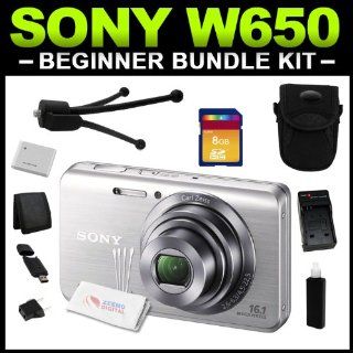 Sony Cyber shot DSC W650 16.1 MP Digital Camera with 5x Optical Zoom and 3.0 Inch LCD (Silver) Beginner Bundle Package includes (Charger, Battery, 8GB SD Card, Tripod, Camera Case, Card Reader, Card Wallet & Cleaning Kit)  Flash Memory Camcorders  Ca