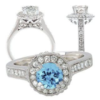 18k Elite Collection created 6.5mm round aquamarine spinel engagement ring with natural diamond halo Jewelry