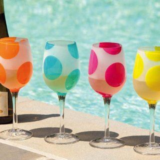 Set of 4 Colorful Polka Dot Frosted Wine Drinking Glasses 9" Kitchen & Dining