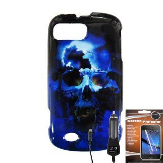For ZTE Valet Z665C / Z665 C Z 665 C Blue Skull Design HARD Case Straight Talk / Tracfone Cover Durable Design Premium Protector Accessory + Free LCD Screen Protector + Free Vehicle Car Charger Cell Phones & Accessories