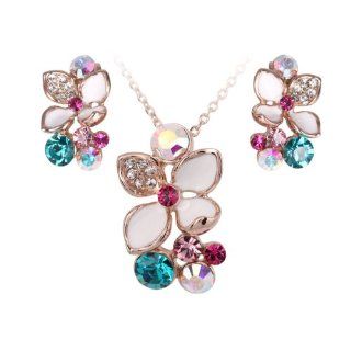 White Enamel & Multi color Swarovski Crystals Flower Stud Earrings and Pendant Necklace Jewelry Set S55 Jewelry