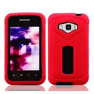 LG Optimus Elite LS696 LS 696 Fusion Hybrid 2 in 1 Combo Solid Red Silicone Skin Gel with Black Hard Snap On Protective Cover Case Cell Phone Cell Phones & Accessories