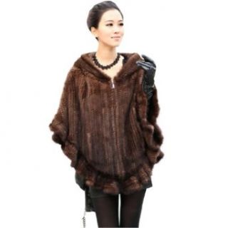 Ferrand Women's Real Genuine Knit/Knitted Mink Fur Cape Poncho Jacket Cape Brown Clothing