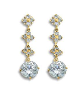 14K Yellow Gold Round CZ Diamond Floral Link Dangling Earrings Jewelry