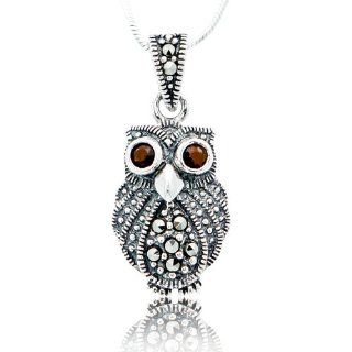 925 Oxidized Sterling Silver Wise Owl w/ Swarovski Marcasite & Red Garnet Eyes Pendant Necklace 18" Chuvora Jewelry