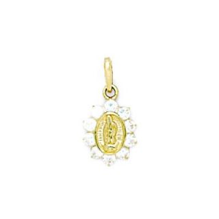 Yellow Gold CZ Small Virgin Mary Pendant   Measures 17x9mm   17 Inch
