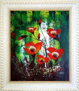 Magnificent Red Flowers Sing in Green Oil Painting, with White Wood Frame 30x26 Inch  