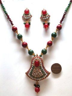 CSYEGQH Burgundy Green Color Faux Garnet Emerald Golden Look 49 gm 3 Pcs Bollywood Necklace Earring Set American Style Set Bargains Women India Indian Bollywood Fashion Jewelry Accessories Z Others Jewelry