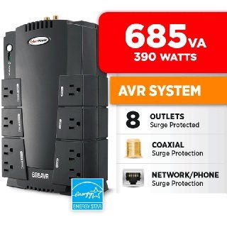 Cyberpower CP685AVR UPS   685VA/390W AVR 8 Outlet RJ11/RJ45 Compact Design EMI/RFI USB Electronics