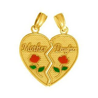 14k Gold Necklace Charm Pendant, Mother Daughter Breakable Heart With Enamel Flo Million Charms Jewelry