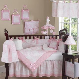 Set includes 9 Piece crib bedding set (comforter, bumper, fitted