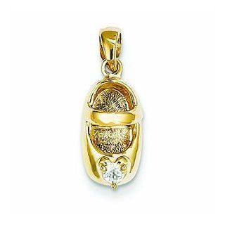 14K Gold 3 D April/White Zircon Engraveable Baby Shoe Charm Pendants Jewelry