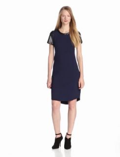 DKNYC Women's Short Sleeve Dress with Faux Leather Sleeves Neck Trim and Curved Hem, Majestic Blue, 12