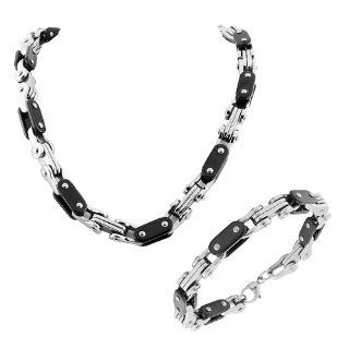 Stainless Steel Silver Black Two Tone Mens Link Chain Necklace and Bracelet Set My Daily Styles Jewelry