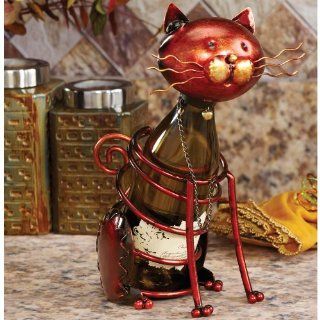 14" Hand Scuplted Wrought Iron Cat Table Top Wine Bottle Holder Wine Accessories Kitchen & Dining