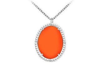 10K White Gold Orange Chalcedony and Diamond Pendant 15.08 CT TGW LOVEBRIGHT Jewelry