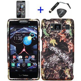 4 items Combo ITUFFY LCD Screen Protector Film + Mini Stylus Pen + Case Opener + Outdoor Wildlife Leaves Oak Wood Camouflage Design Rubberized Snap on Hard Shell Cover Faceplate Skin Phone Case for Verizon Motorola DROID RAZR MAXX HD XT926M / (will fit RA