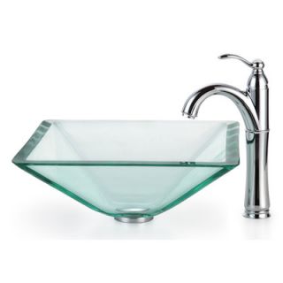 Kraus Square Clear Aquamarine Glass Vessel Sink and Rivera Faucet   C