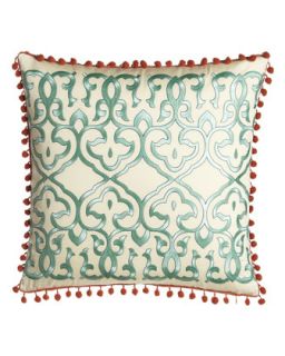 Leena Pillow w/ Gulf Blue Embroidery & Coral Pom Pom Trim,