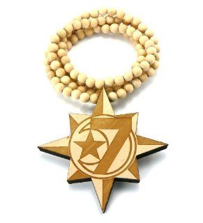 Natural Wooden 7 Moon & Allah Star Pendant with a 36 Inch Beaded Necklace Chain Jewelry