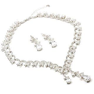 Silver Crystal Cubic Zirconia Teardrop Dangle Earrings & Flower with Stem Leaf Necklace Jewelry Set Jewelry