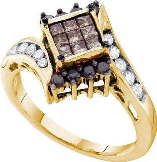 0.75 Carat (ctw) 14k Yellow Gold Round & Princess Cut White, Cognac & Black Diamond Bridal Invisible Right Hand Ring 3/4 CT Jewelry