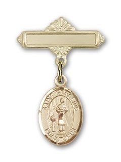 JewelsObsession's 14K Gold Baby Badge with St. Genesius of Rome Charm and Polished Badge Pin Jewels Obsession Jewelry