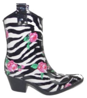 Girls Western Style Rain Boots Zebra with Rose Design from Corkys Size 10 11 SM Shoes