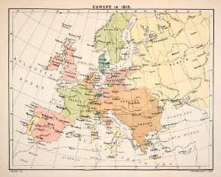 1897 Print Map Europe 1815 Great Britain France Spain Prussia Netherlands Russia   Relief Line block Map  