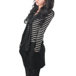 Ladies Long Sleeve Scoop Neck Stripe Pattern Hoodie Dress Black XS