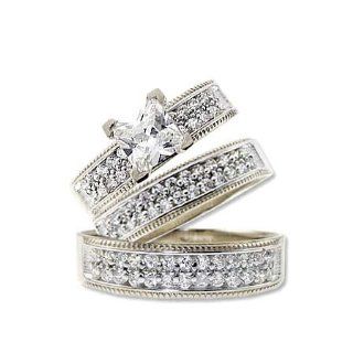 14k White Gold, Trio Three Piece Wedding Ring Set Princess Lab Created Gems Jewelry