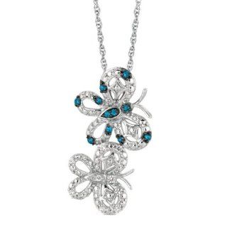 BRI Jewelry Sterling Silver 0.20ct Blue And White Diamond Double Butterfly Pendant Pendant Necklaces Jewelry