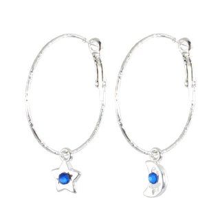 Women Sliver Tone Star Moon Shape Blue Rhinestone Detail Hoop Earrings Pair Jewelry