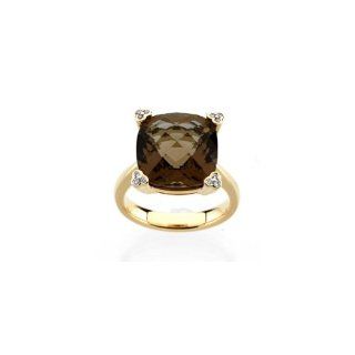 14K Yellow Gold   Genuine Checkerboard Smoky Quartz & Diamond Ring Jewelry