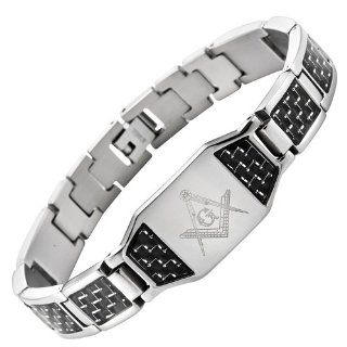MasonicMan New Mens Titanium Masonic Bracelet with Black / Silver Carbon Fiber Insets +Free Link Adjuster Tool In Black Velvet Gift Box Jewelry