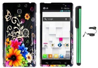 LG Optimus L9 P769   Yellow Pink Chromatic Flower Black Silver Butterfly Premium Design Protector Hard Cover Case (T Mobile) + Luxmo Brand Car Charger + Combination 1 of New Metal Stylus Touch Screen Pen (4" Height, Random Color  Black, Silver, Hot Pi