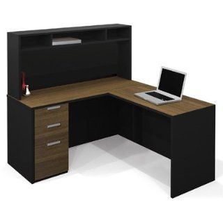 Bestar Pro Concept L Shaped Workstation with Small Hutch   Milk Chocolate Bamboo and Black