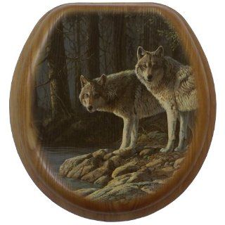 Comfort Seats C1B2R1 774 17AB Shades Of Gray Wolves Round Oak Toilet Seat, Antique Brass   Toilet Seats Round Oak With Brass Hinges  
