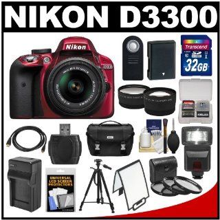 Nikon D3300 Digital SLR Camera & 18 55mm G VR DX II AF S Zoom Lens (Red) with 32GB Card + Battery & Charger + Case + Tripod + Flash + Tele/Wide Lens Kit  Camera & Photo
