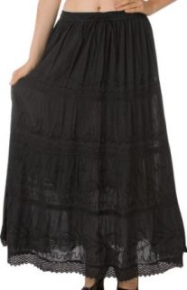 AA754   Solid Embroidered Gypsy / Bohemian Full / Maxi / Long Cotton Skirt   Black/One Size
