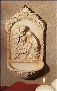 Catholic & Religious Nativity Holy Water Font. Material Resin Size 6 1/2" H. Holy Family with St. Mary, Jesus & St. Joseph. Perfect for Entrance of Home or Wedding Gift  