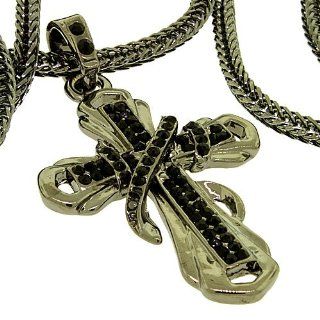 Small Gunmetal Hip Hop Bling Black Iced Out Cross Pendant with 24 inch Chain Pendant Necklaces Jewelry