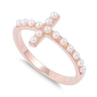 Pearl of Geeat Price Sideway Cross Ring 11MM Rose Gold Plated Sterling Silver 925 Jewelry