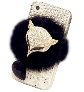 Black Gemstone Fur iPhone 4 4S Case Furry Cover Bling Crystal Rhinestone Fox Cell Phones & Accessories