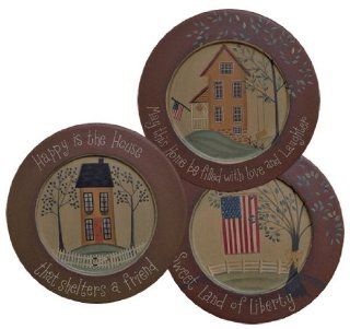 Plate and Stand Set   Primitive Happy Houses with Inspirational Messages   Country Rustic Wood Plates with Holders Saltbox, Trees, Flags, Everyday Decor   Free Standing Cabinets