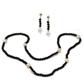 14k YGold 8 9mm White Freshwater Cultured Pearl, 3 4mm Black Onyx Endless Necklace 30" & Earring Set Jewelry
