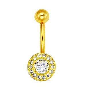 14k Real Gold Yellow Bezel CZ Belly Button Navel Ring Body Piercing Rings Jewelry