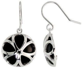 Round Black Onyx Dangle Earrings in Sterling Silver, 3/4 inch (18 mm) tall Jewelry